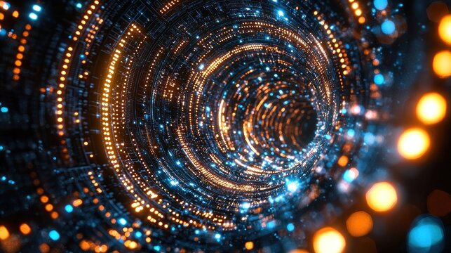 Abstract digital tunnel with glowing orange and blue light patterns and circuitry