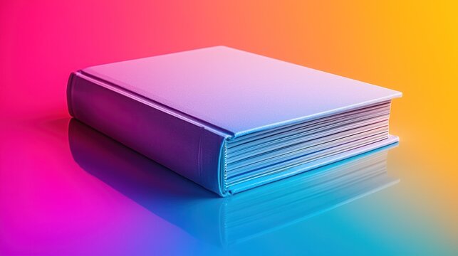 Blank book lies on reflective surface; vibrant gradient backdrop