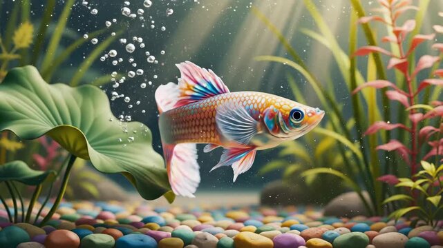 Colorful aquarium fish swimming near green plants and rocks