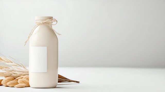 bottle of almond milk with label design mockup, marketing and branding concept, white background, copy space