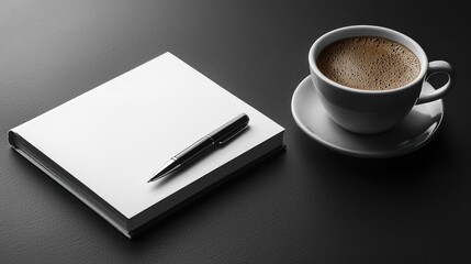 Blank book, pen, and coffee cup on dark surface, waiting for inspiration