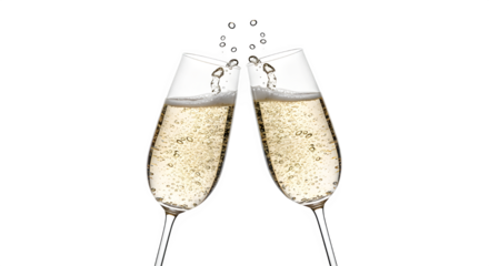 Two champagne glasses clinking together in a celebratory toast, bubbles rising in the sparkling wine, isolated on transparent background a symbol of joy, success, and special occasions