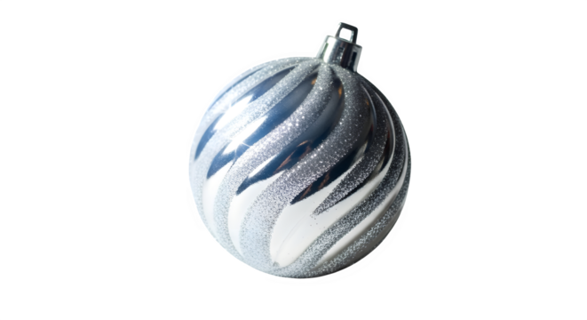 A shimmering silver and blue christmas ornament, its swirling design catching the light, isolated on transparent background a festive decoration that embodies the spirit of the holiday season