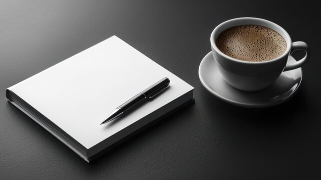 Blank book, pen, and coffee cup on dark surface, waiting for inspiration