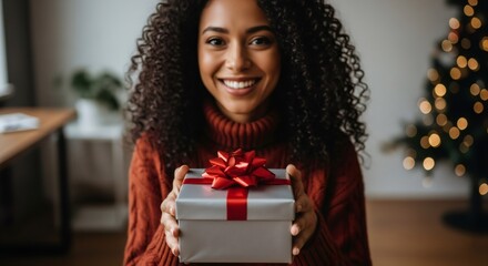 Happy young african american woman holding present with red ribbon. Christmas or New Year gift as a surprise for winter holiday celebration.