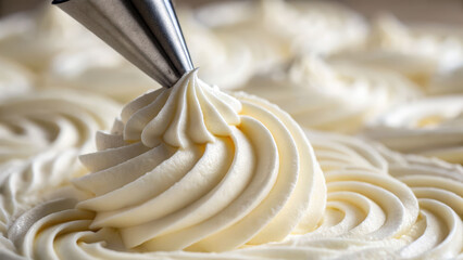 Whipped cream can nozzle piping swirl dessert topping texture smooth sweet dairy closeup macro kitchen tool soft light