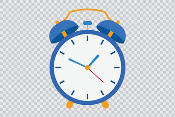 Vector illustration of a classic blue alarm clock with bold hour markers and ringing bells, symbolizing time, deadlines, punctuality, and morning reminders on a transparent background
