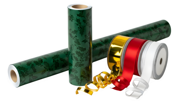 Rolls of green marble pattern wrapping paper and rolls of gold, red, and white ribbon isolated on transparent background perfect for christmas, birthdays, and other holidays
