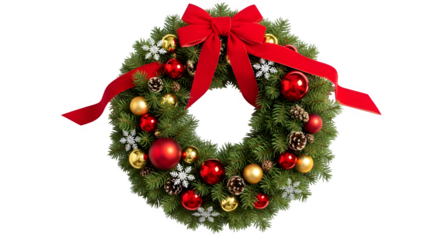 Festive christmas wreath isolated on transparent background, adorned with red and gold ornaments, pine cones, snowflakes, and a vibrant red bow, creating a joyful and celebratory holiday decoration