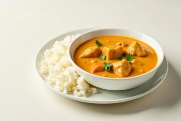 Savory orange stew served in a bowl with a side of fluffy white grains on a plate