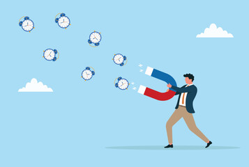 Vector illustration of a businessman using a giant magnet to attract clocks, symbolizing time management, productivity, and the effort to gain control over valuable time
