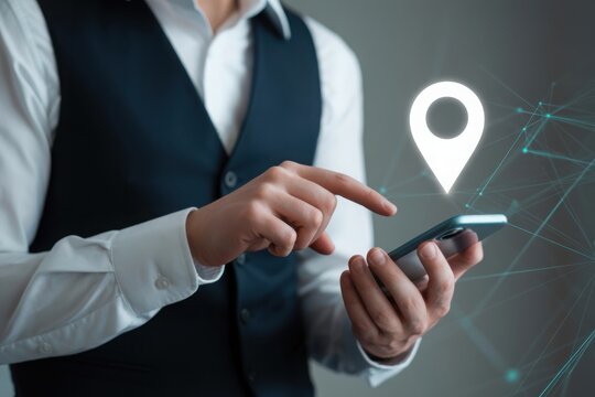 A man's hand holding a smartphone with location icon overlay, showing navigation and tracking features. The background is blurred, focusing on the phone and location pointer. 