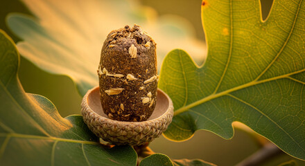 A close-up shot of a piece of animal scat, shaped like an acorn and containing visible seeds or grains, resting inside a real acorn cup on a vibrant green oak tree branch in soft, golden sunlight
