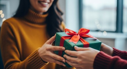 Woman giving present and receiving gift box from another person. Holiday celebration, birthday surprise concept. For Christmas, New Year, Valentines Day.