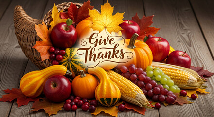 Cornucopia overflowing with autumn harvest, apples, pumpkins, corn and grapes, signifying abundance and thankfulness, perfect for seasonal concepts