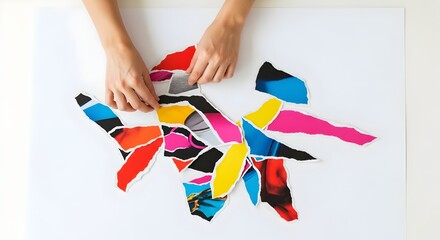 Top view of hands arranging colorful torn paper pieces into abstract collage for mood board and creative design thinking concept
