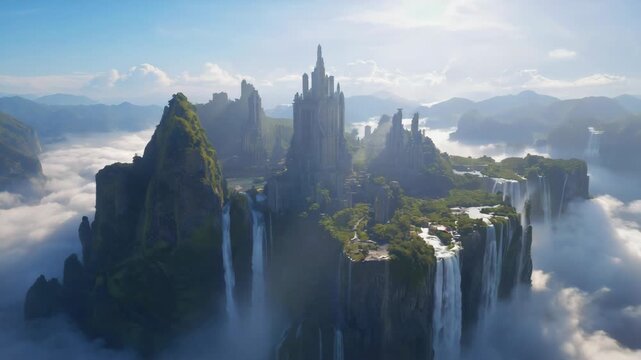 Fantasy Castle City on Mountain Island Surrounded by Waterfalls and Clouds architecture medieval