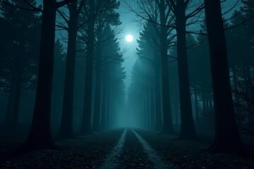 Enigmatic moonlit path through a misty forest at night, a mysterious journey into the unknown.