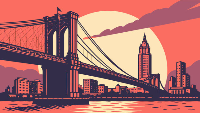 Retro NYC sunset with Brooklyn Bridge silhouette