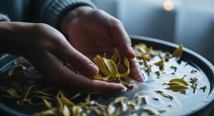 Woman holding a delicate yellow flower in her hands over a bowl of water with petals, symbolizing spa, relaxation, and aromatherapy.