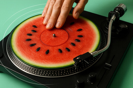 Creative fusion of watermelon slice as vinyl record on DJ turntable. Summer music concept with surreal food art.
