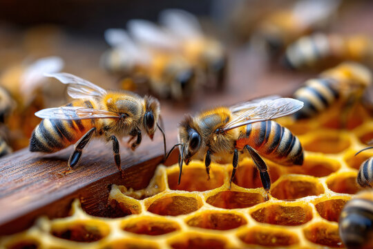 Close up of honey bees on honeycomb - Powered by Adobe
