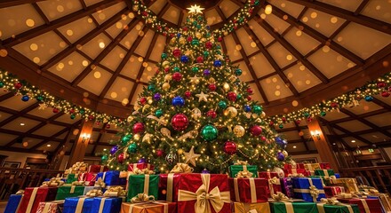 Fototapeta premium Wide Angle Christmas Tree Surrounded by Wrapped Presents Viewed from Below with Golden Hour Warm Light