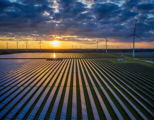 Solar panel farm at sunset with wind turbines in background, dramatic sky, modern renewable energy concept, high dynamic range, drone view