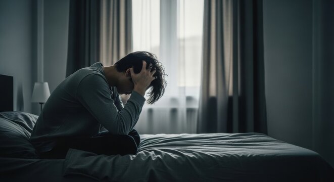 Desperate, lonely man sitting on a bed in a dark room with his head in his hands, suffering from depression or anxiety.