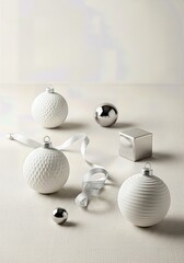 Fototapeta premium Minimalist Monochromatic Christmas Flat Lay with White Ornaments, Silver Accents, and Cream Textured Background