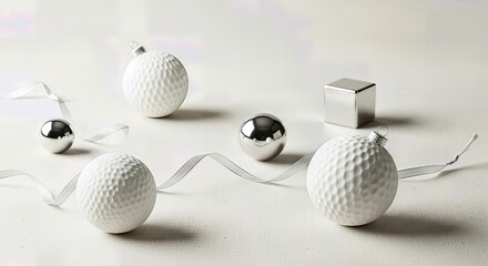 Minimalist Monochromatic Christmas Flat Lay with White Ornaments, Silver Accents, and Cream Textured Background