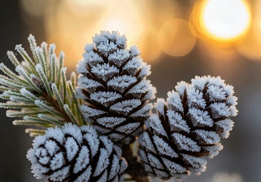 Frosted Pine Cone Cluster Detail with Snowflake Crystals, Warm Golden Bokeh, and Shallow Depth Blur