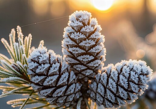 Frosted Pine Cone Cluster Detail with Snowflake Crystals, Warm Golden Bokeh, and Shallow Depth Blur - Powered by Adobe