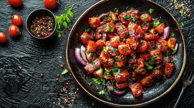 A plate of glazed tomatoes and red onion, herb garnish, on a dark surface
