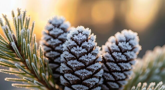Frosted Pine Cone Cluster Detail with Snowflake Crystals, Warm Golden Bokeh, and Shallow Depth Blur