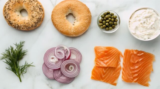 Bagel lox cream cheese red onion caper dill marble background fresh slices sesame everything arrangement appetizing clean brunch savory comfort poppy