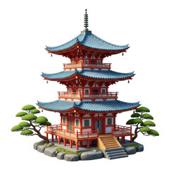 Naklejka premium Beautiful threestory pagoda with trees isolated on transparent background