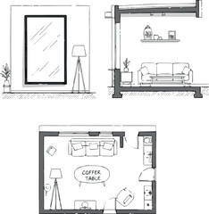 Architectural Drawings vector, decorate living room interior illustration, Minimal style hand drawn. Sections, Elevations, Floor Plan. mirror, frame, jar, lamp, shelf.
