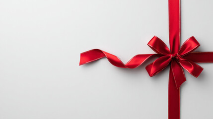 Clean white background with a single red Christmas ribbon and bow arranged on the side, minimal elegant holiday design, lots of negative space.