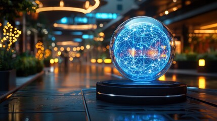 Futuristic scene glowing globe on a pedestal with cityscape reflecting