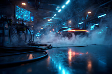 Futuristic industrial scene with smoldering details and advanced interfaces