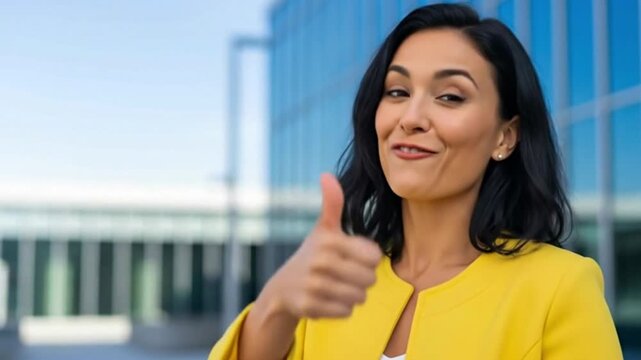 A happy businesswoman in a yellow jacket giving a thumbs up gesture outside a modern glass building. This footage is perfect for positive feedback