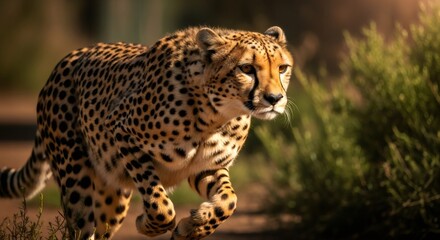 Close-up of a majestic cheetah in motion, displaying its spotted fur against a blurred natural background. Wildlife photography of agile predator.