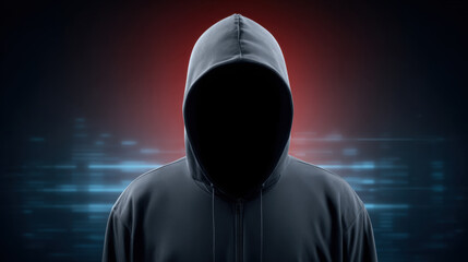 Hooded figure in dark hoodie standing before neon blue server lights, mysterious cybercrime atmosphere with red rim lighting and digital code streaks