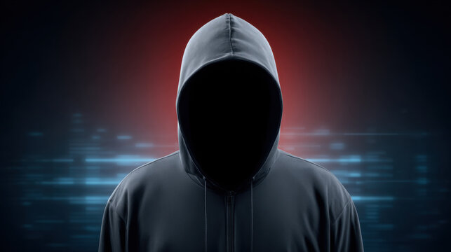 Hooded figure in dark hoodie standing before neon blue server lights, mysterious cybercrime atmosphere with red rim lighting and digital code streaks