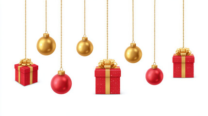 Red gift box with gold ribbon and hanging red and gold Christmas bauble ornament on white background creating festive holiday celebration scene full of warmth and joy
