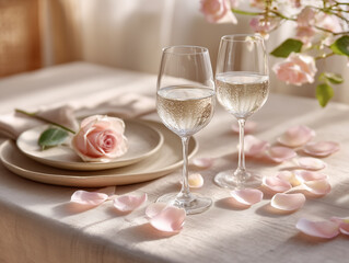 Elegant dinner table setting with pink rose petals, candles and champagne glasses, perfect for romantic invitations, wedding stationery, event design or luxury celebration promotions.