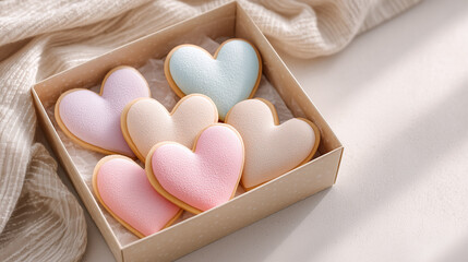 Romantic gift box filled with heart-shaped cookies, perfect for Valentine’s Day designs, bakery promotions, sweet gift ads, greeting cards and festive lifestyle content.