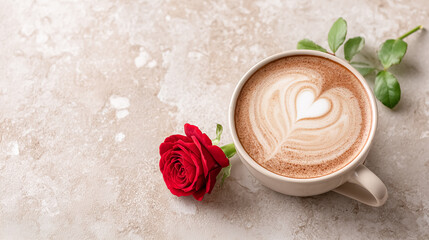 Cup of cappuccino and a single red rose on a marble table, perfect for Valentine’s Day designs, romantic cafe promotions, social media posts and elegant lifestyle branding.