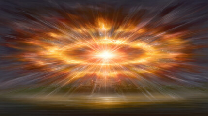 Radiant golden energy ring hovering above reflective lake, casting warm light and ethereal glow over distant silhouette of temple and landscape, dramatic sky and dynamic streaks evoke awe